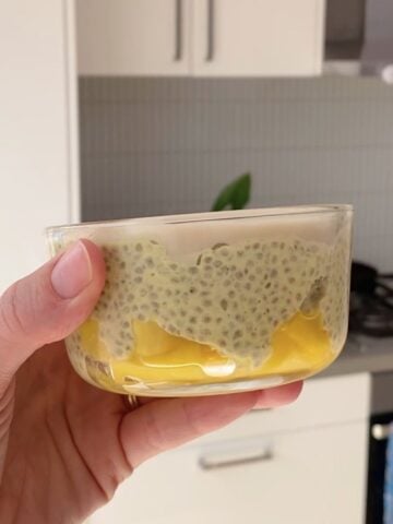 Mango chia pudding with a layer of crack-top white chocolate.