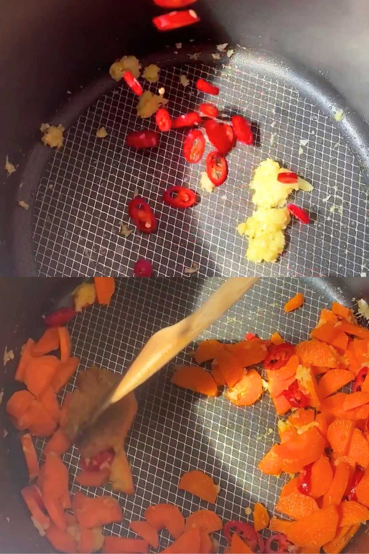 Two-frame shot: top shows chopped red chili and minced aromatics in a pot; bottom shows vegetables being stirred.