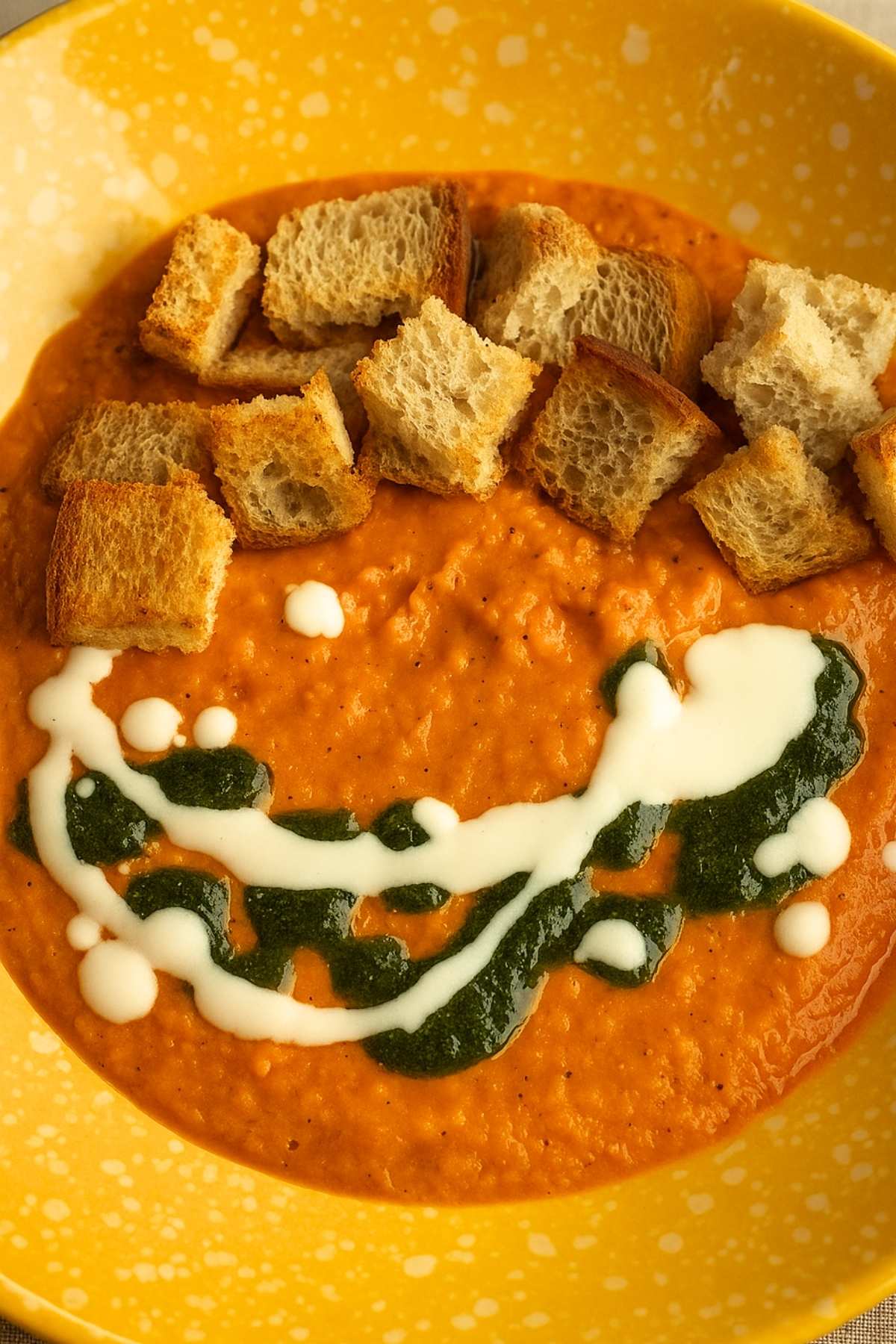 Cherry tomato soup topped with croutons, green herb oil, and a swirl of white yogurt.