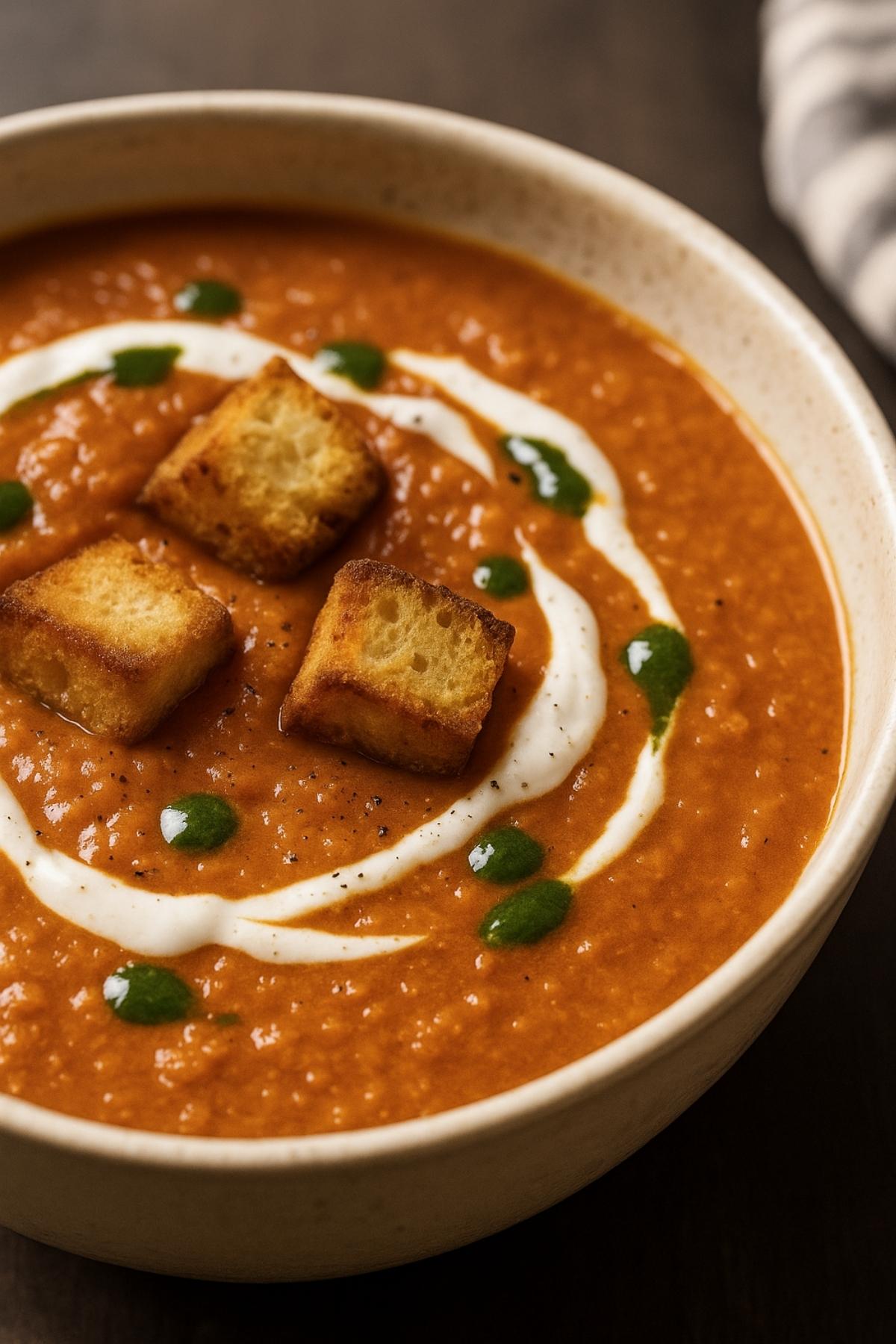 Cherry tomato soup topped with crisp croutons, yogurt swirls, and green herb oil drops.