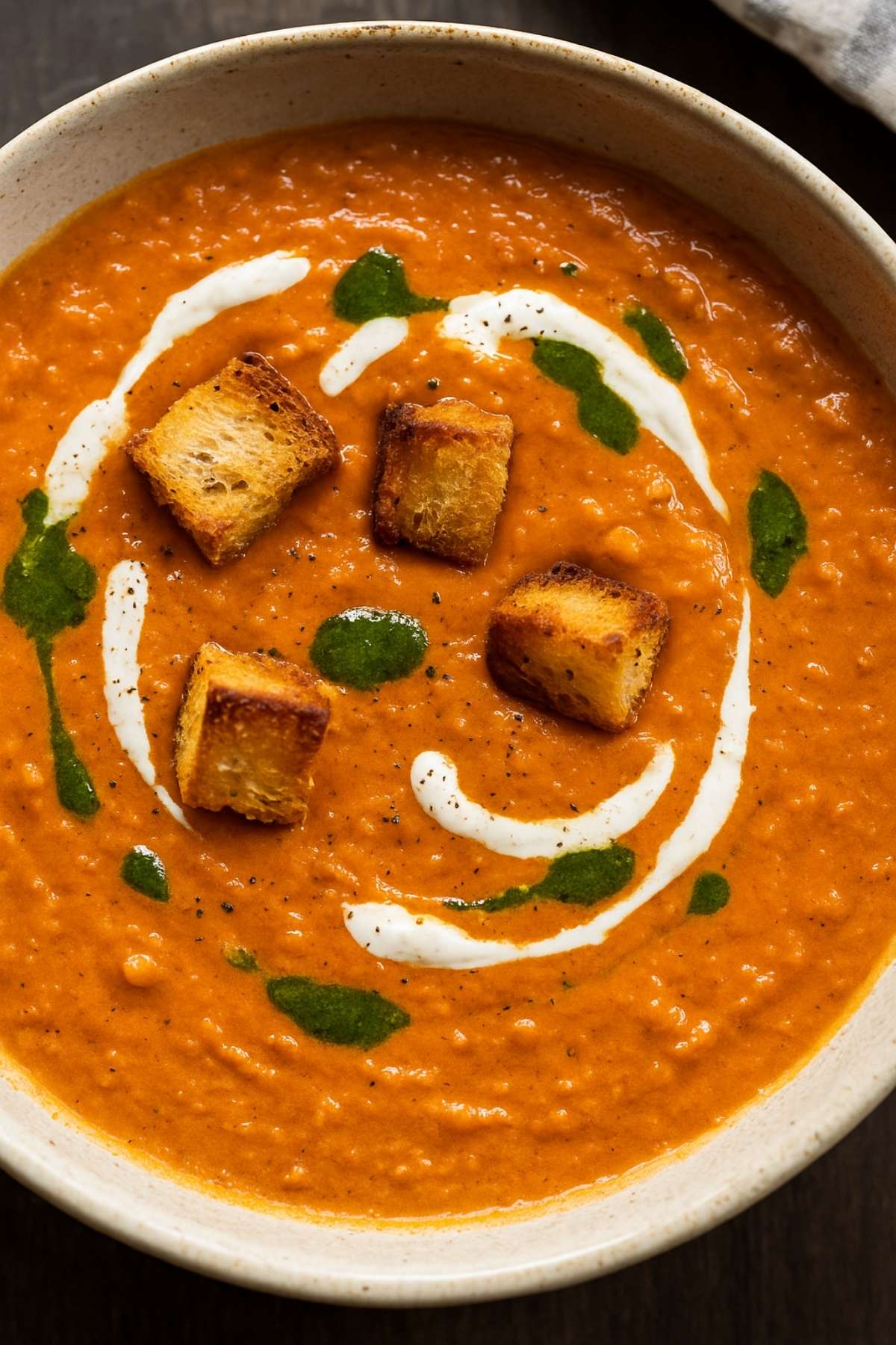 Cherry tomato soup with golden croutons, swirled yogurt, and green herb oil on top.