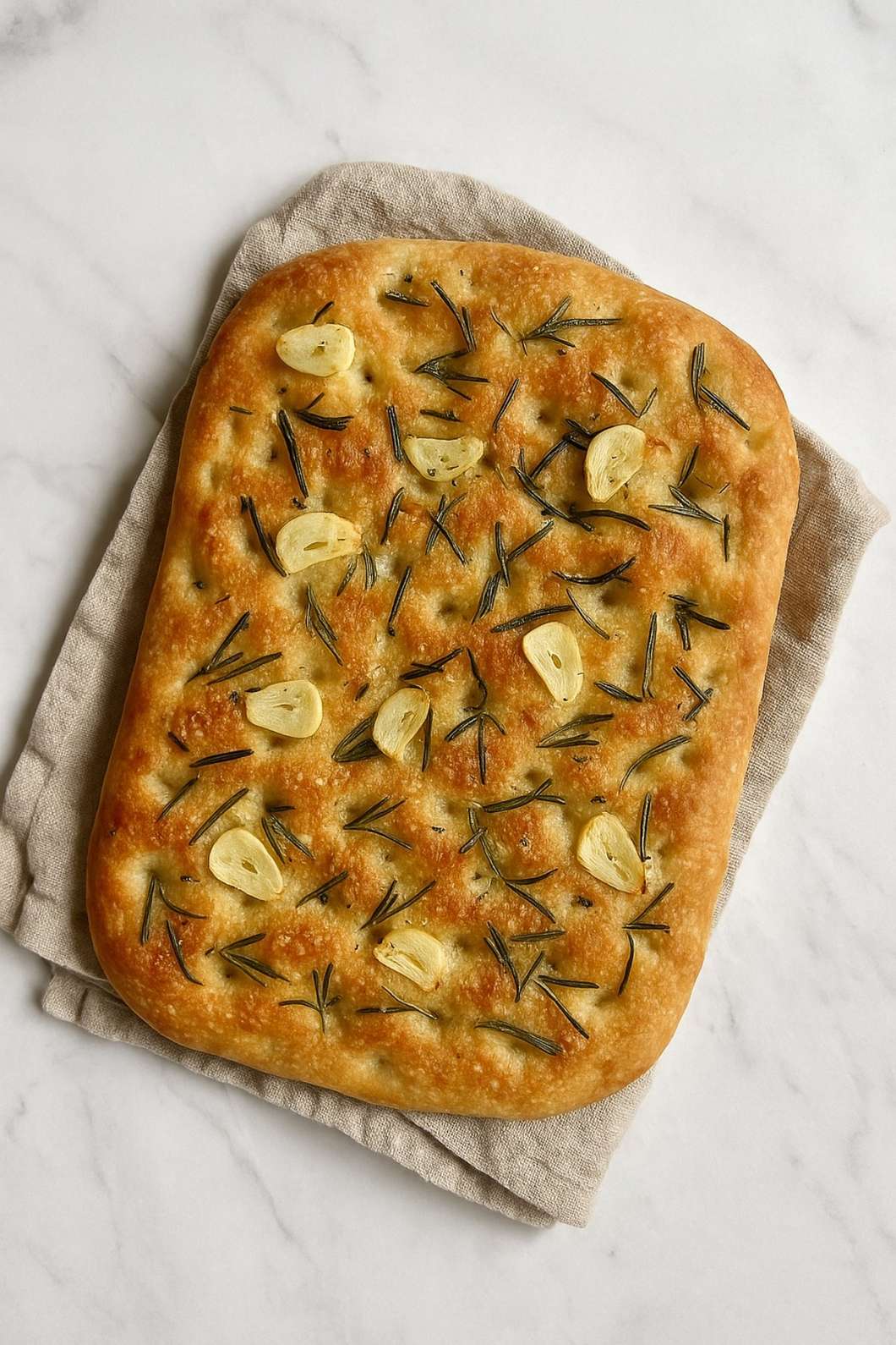 Golden focaccia topped with garlic and rosemary.