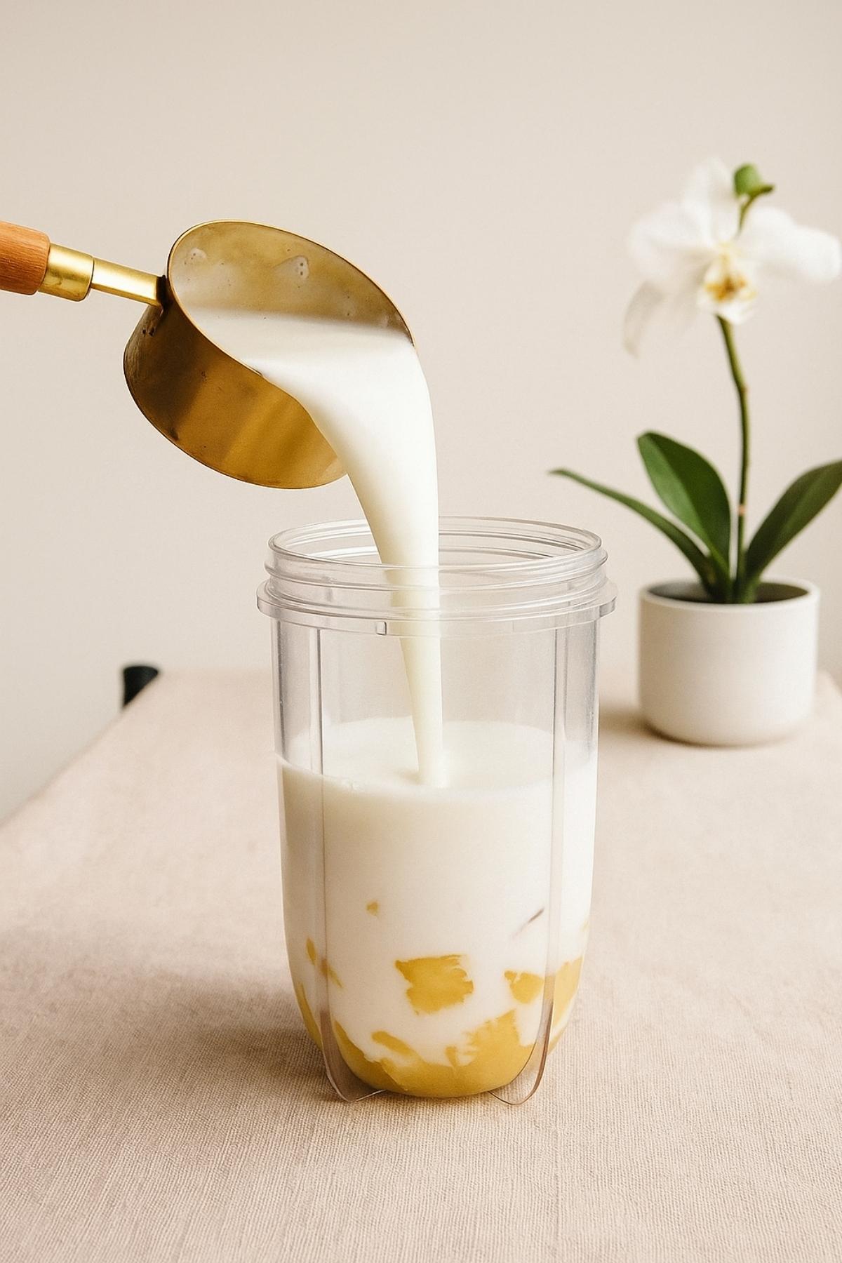White liquid from a gold measuring cup pours into a blender cup over pineapple chunks.