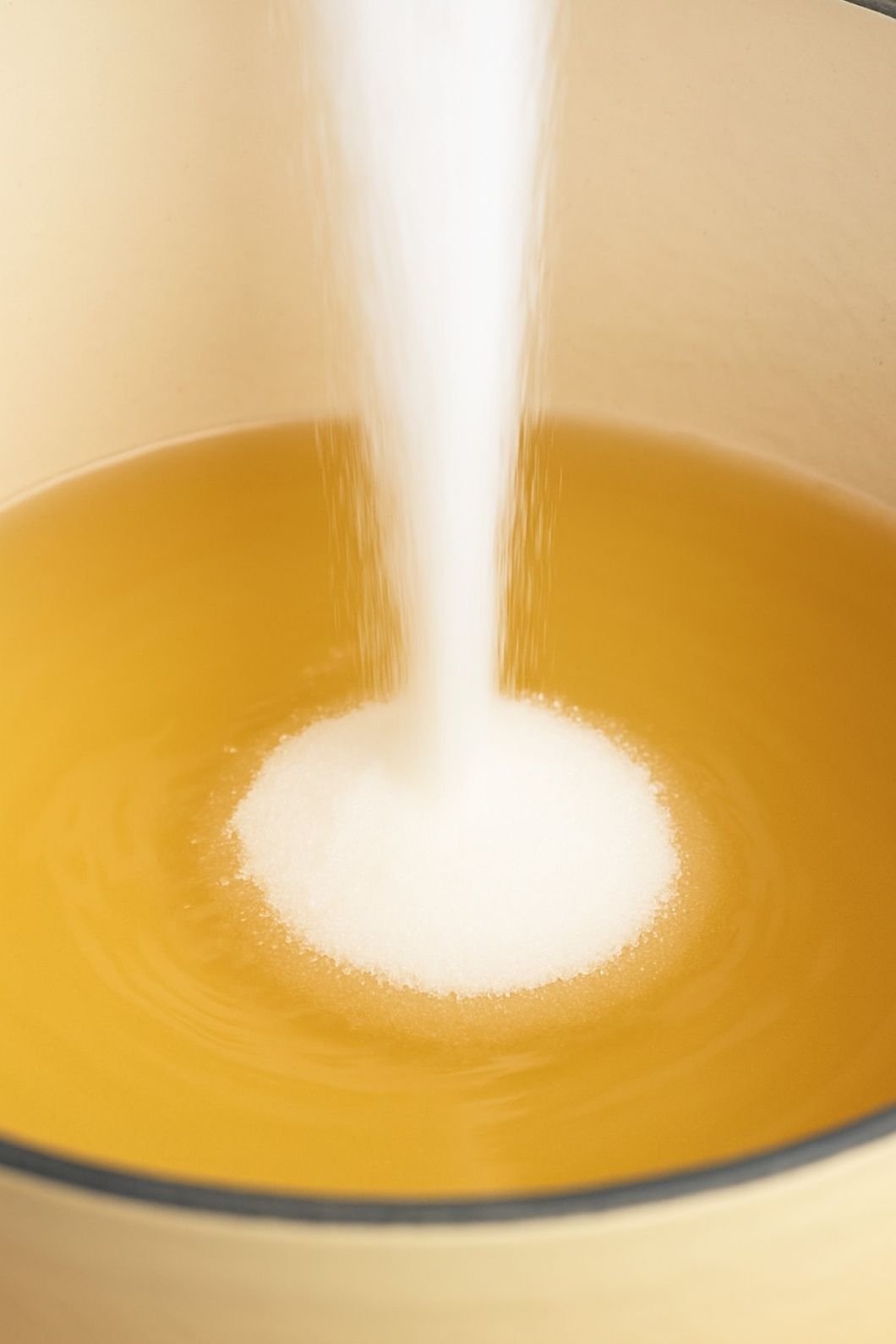 Sugar pouring into apple juice mixture.