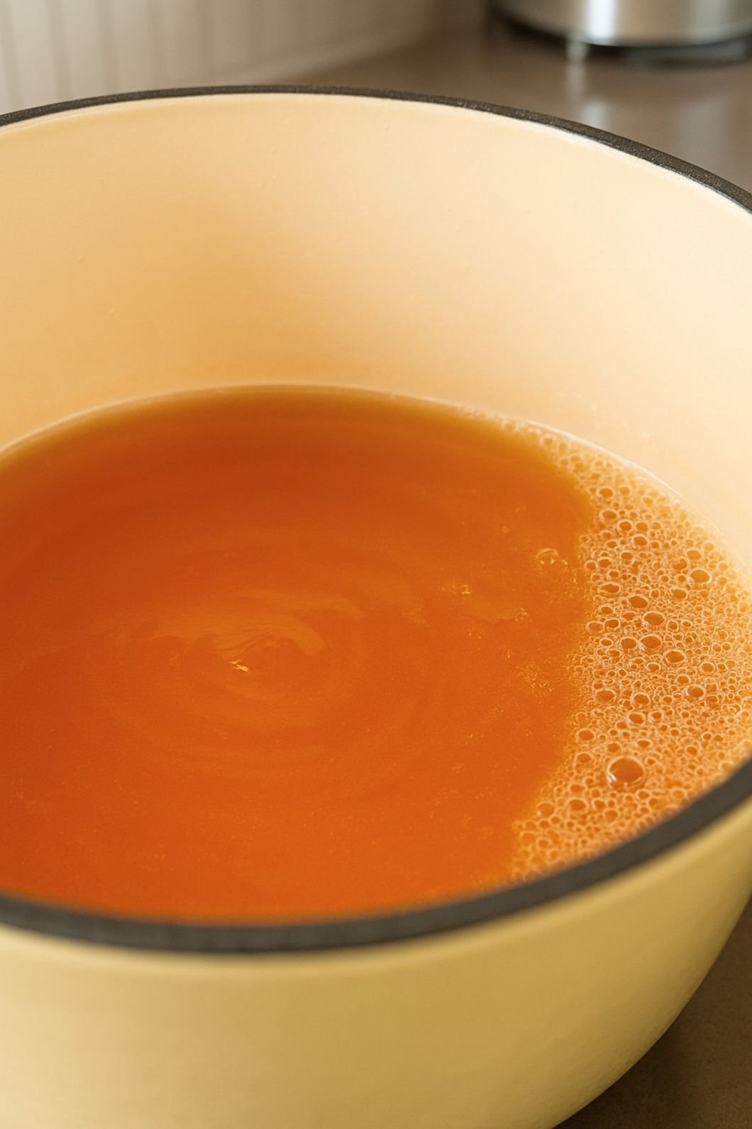 Golden apple syrup simmering in pot.