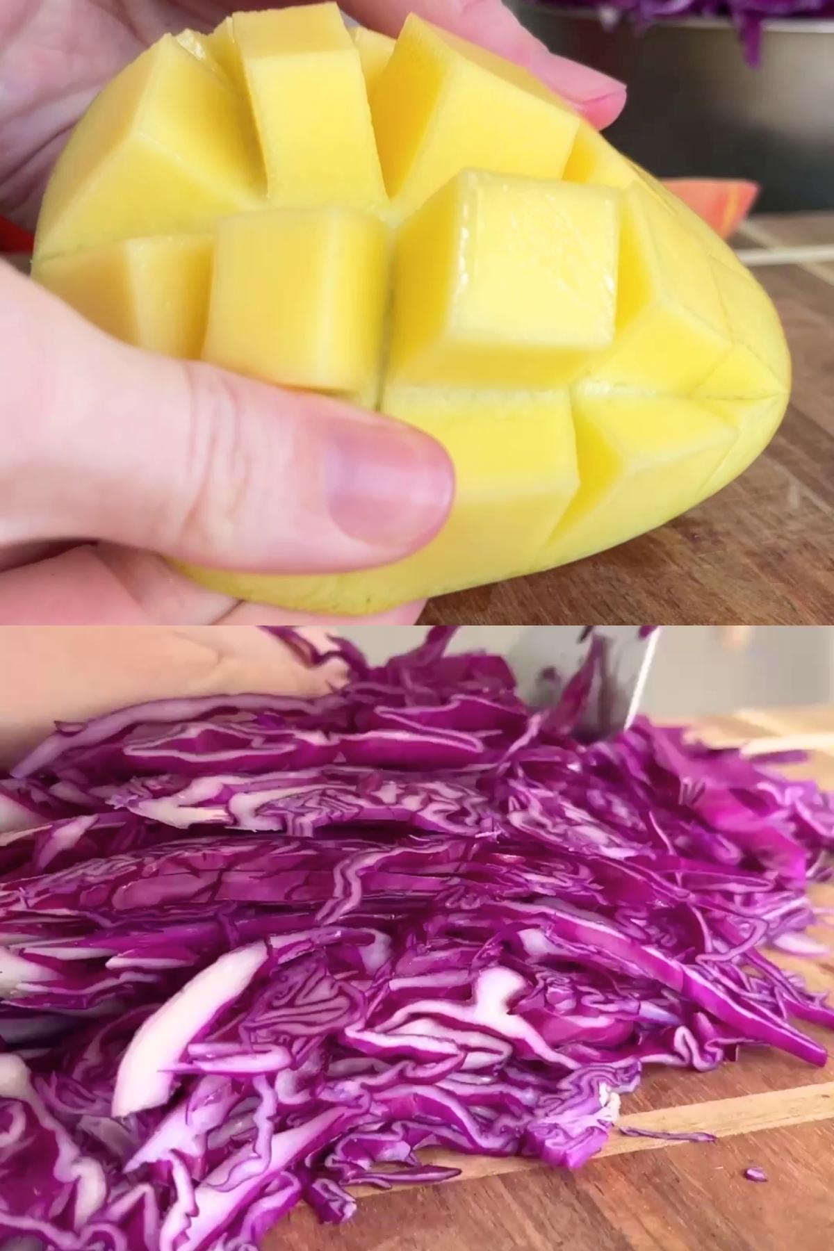 Cubed mango held in hand above a board, with finely sliced purple cabbage being chopped below.