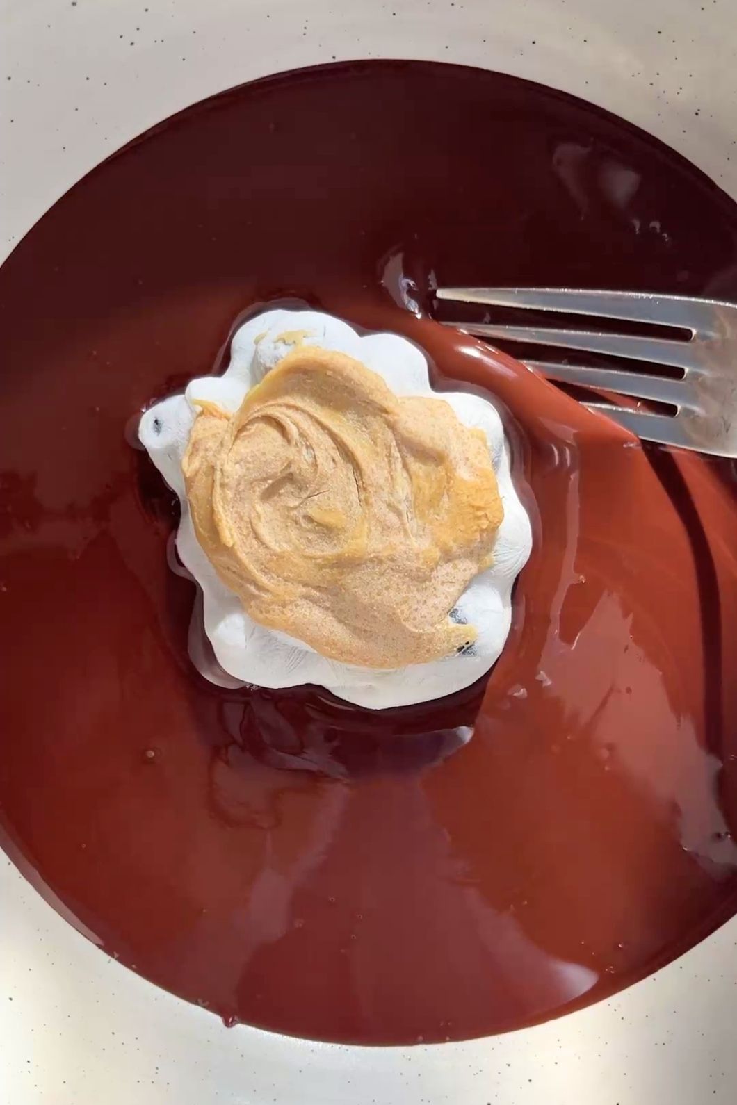 Yogurt peanut butter bite dipped in dark chocolate.