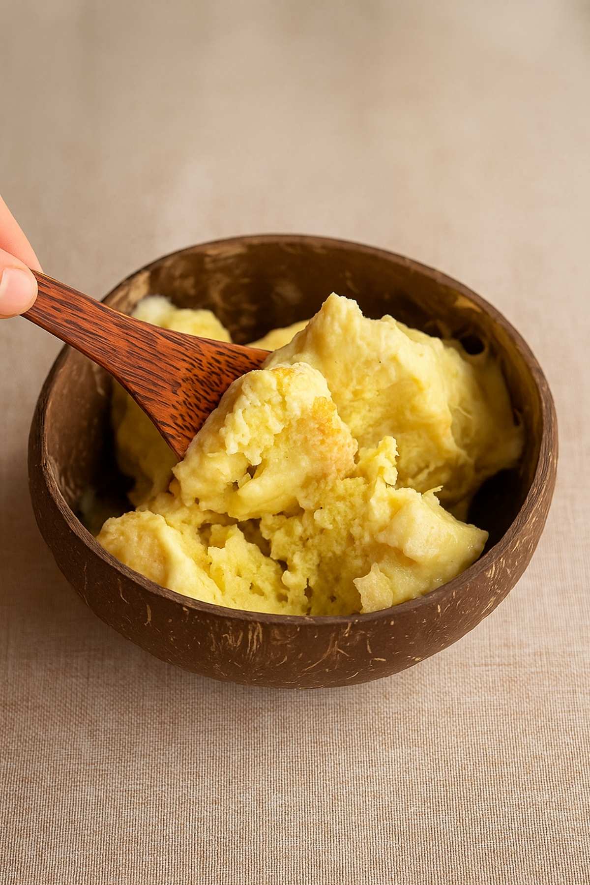 Wooden spoon lifts fluffy yellow ice cream from a coconut bowl.