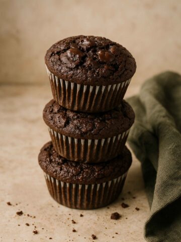 Three chocolate muffins stacked on a neutral surface with a green cloth beside them.