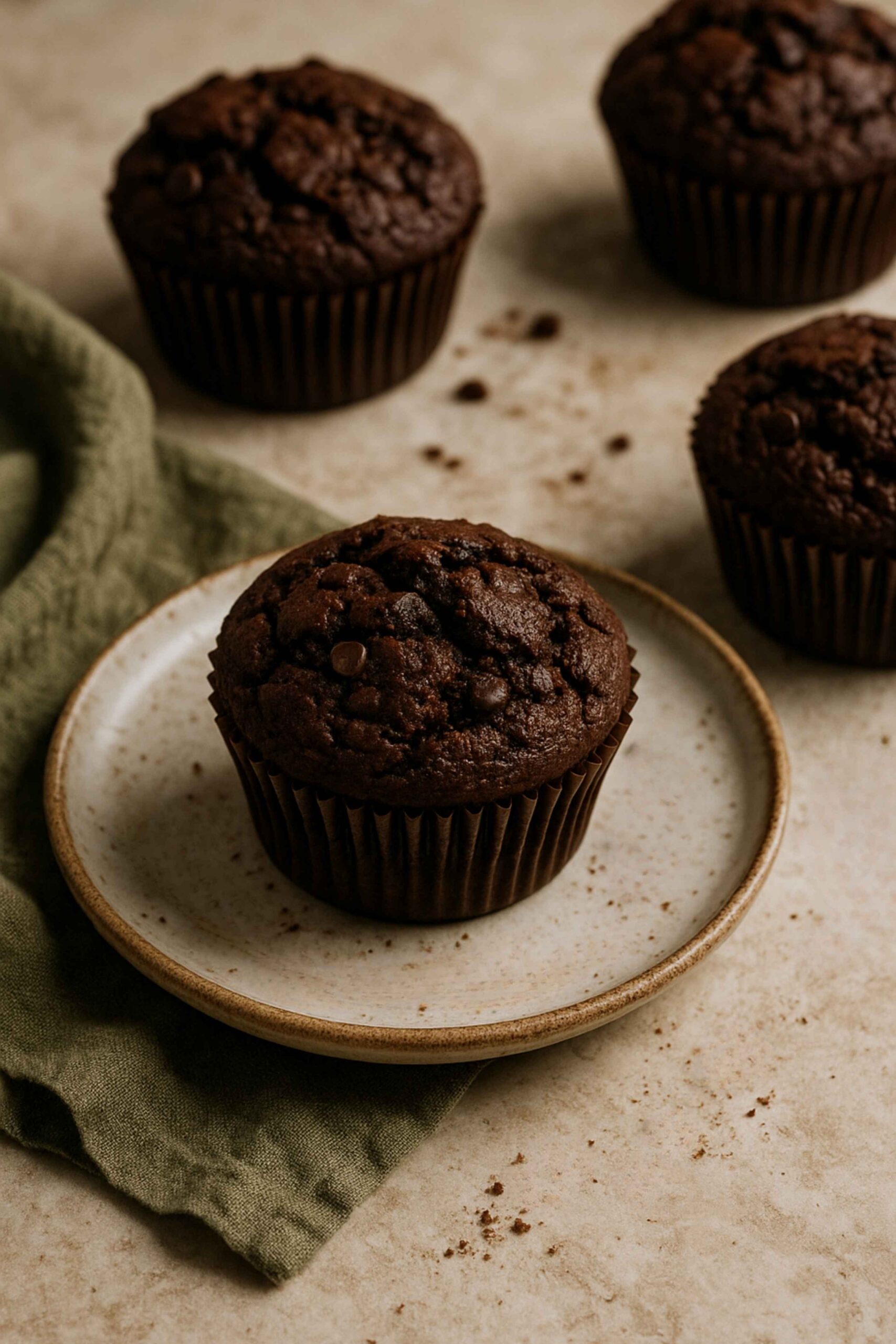 Single chocolate muffin on a small plate with three more out-of-focus in the background.