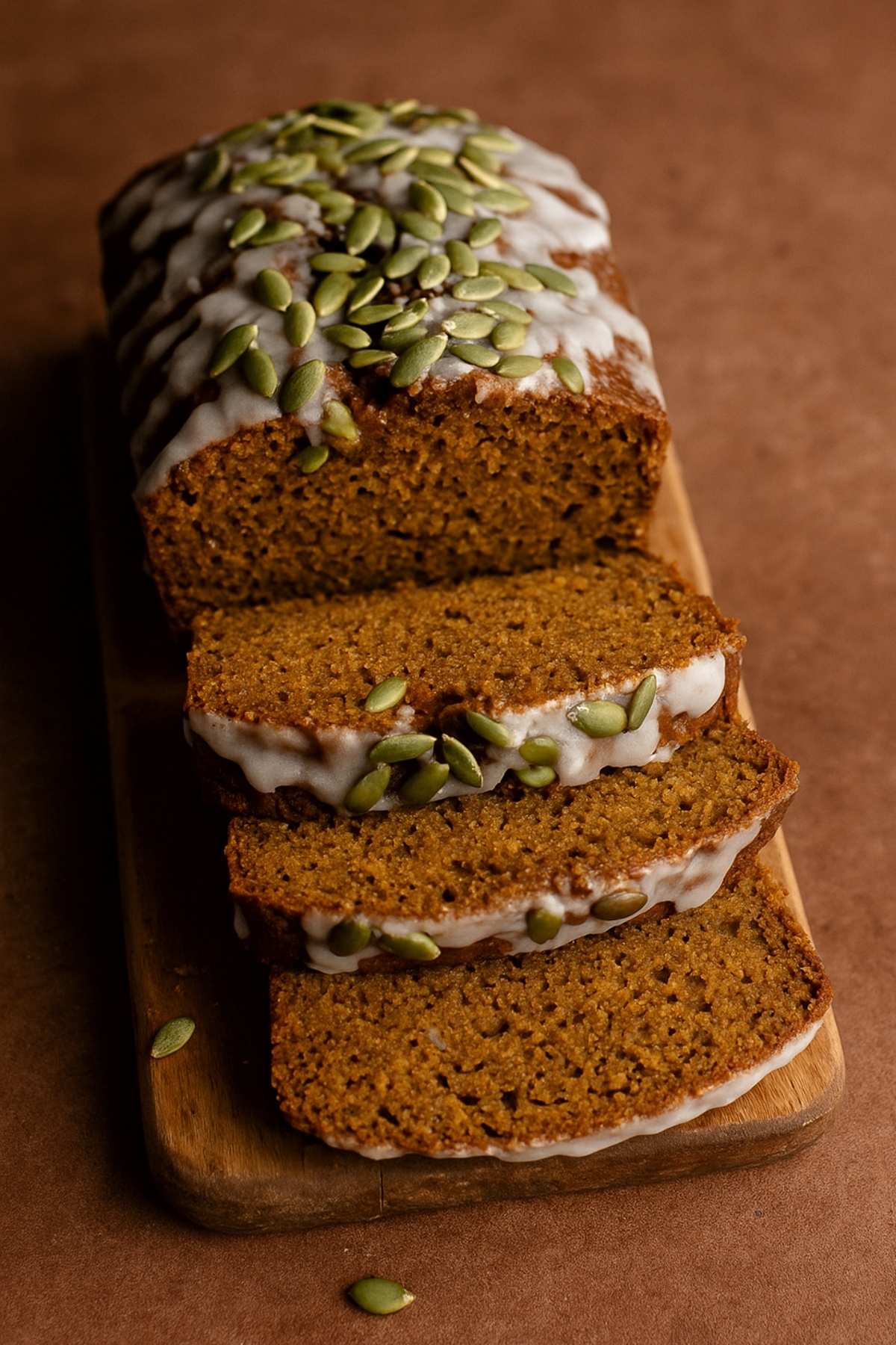 Sliced pumpkin loaf with white glaze and pepitas on top, arranged on a wooden board.