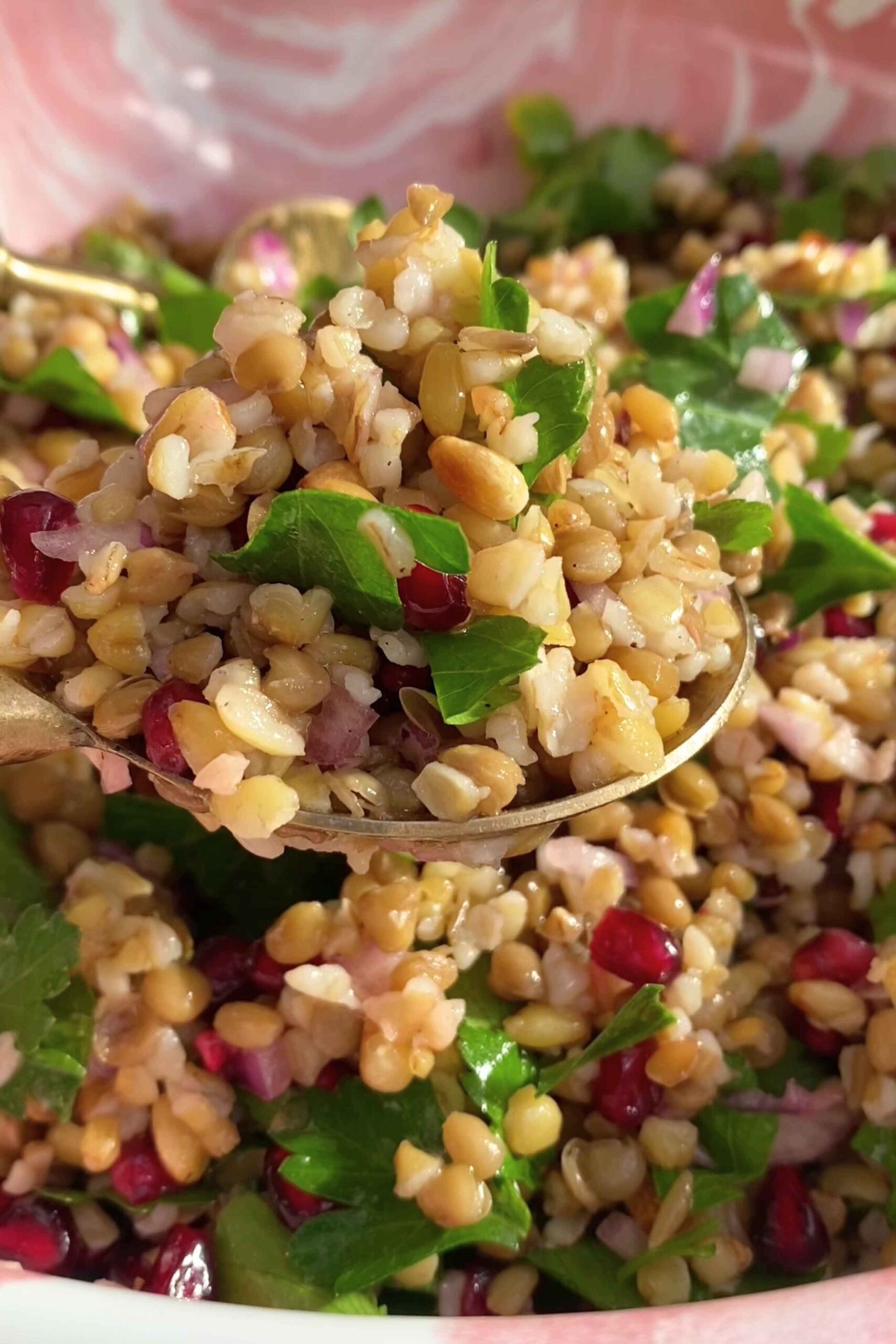 Close-up of a spoonful of grains and ruby pomegranate seeds with parsley peeking underneath.