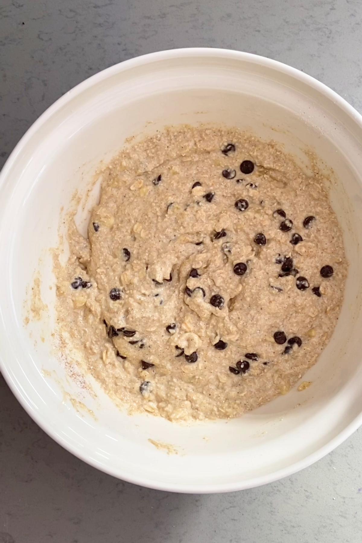 Thick oatmeal batter with dark chocolate chips in a white mixing bowl.