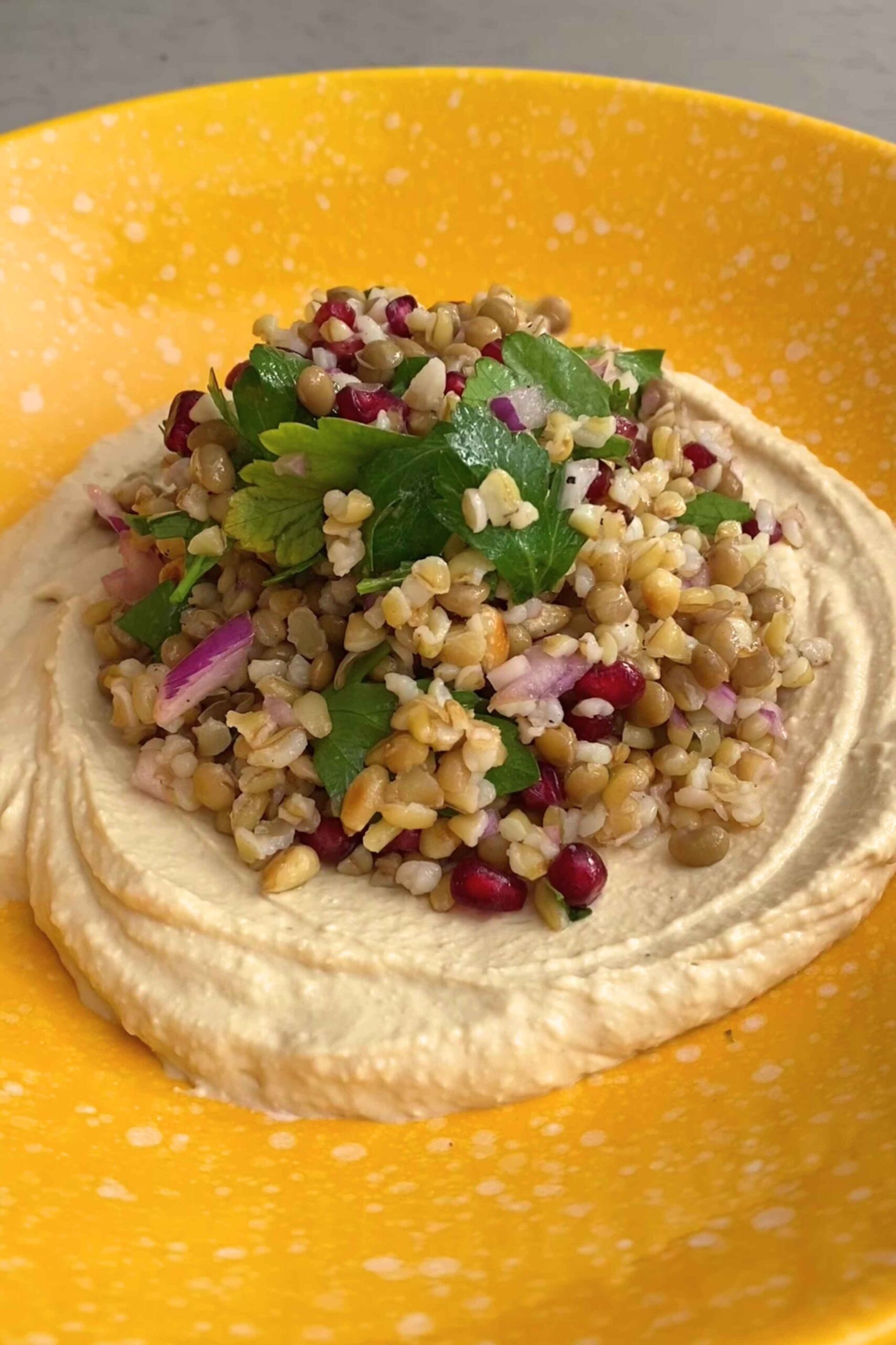 Creamy hummus topped with a mound of grain salad and pomegranate seeds.