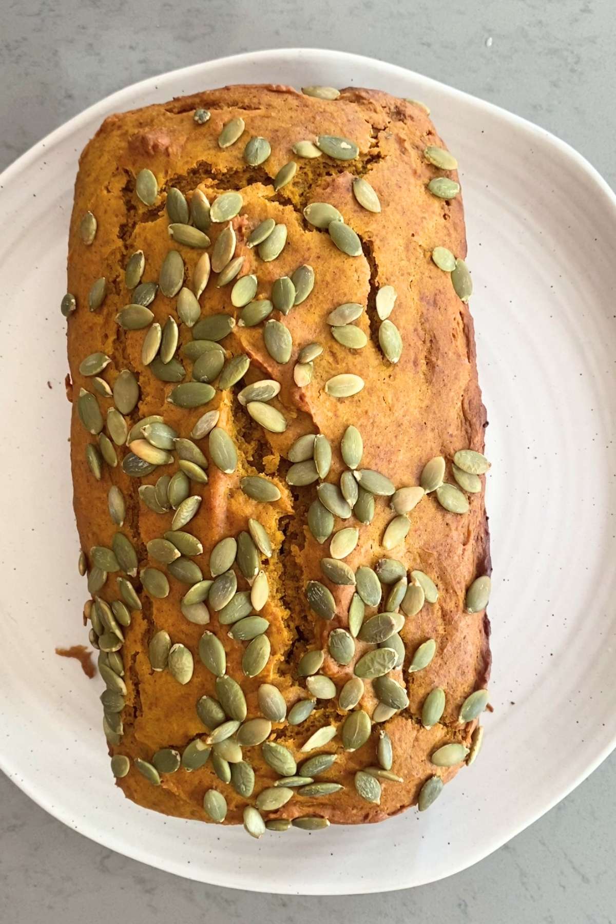 Pumpkin loaf studded with pepitas resting on a white plate on a countertop.