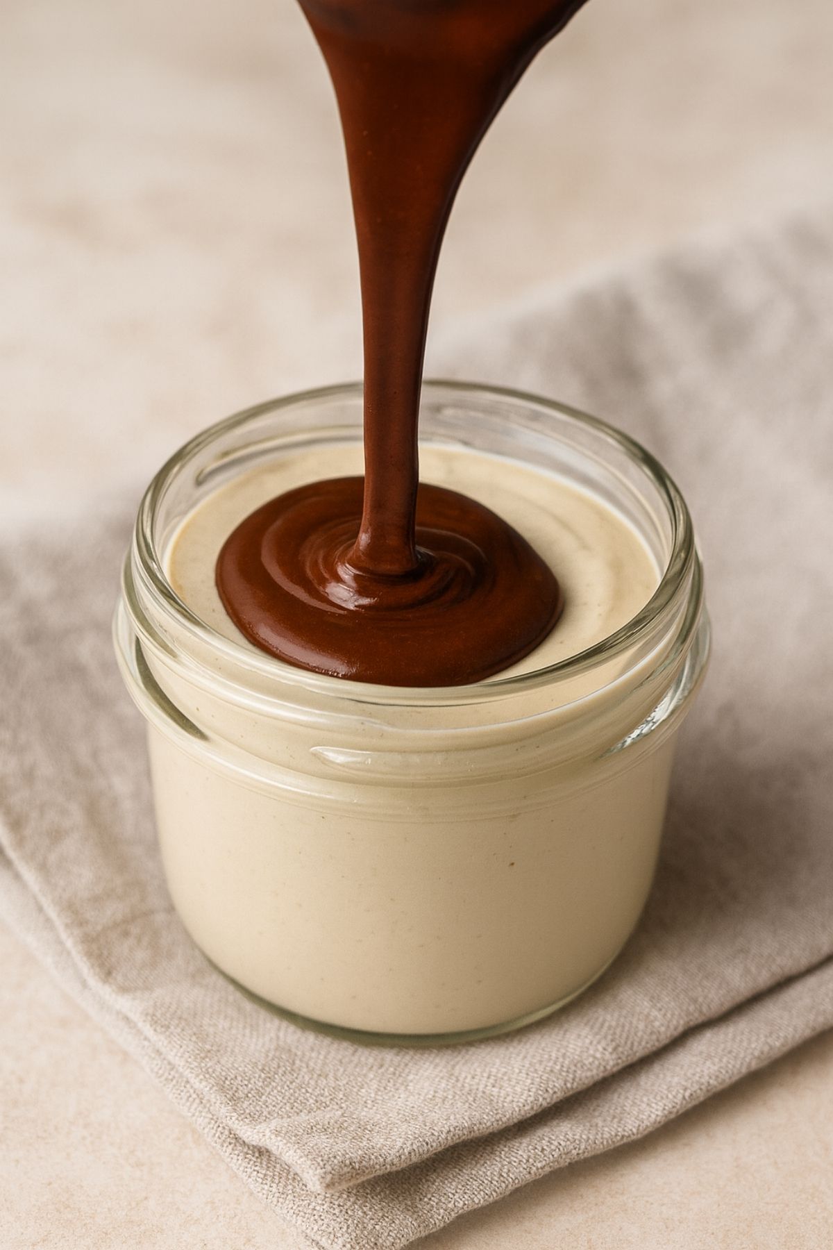 Smooth chocolate ganache being poured over creamy cashew mousse in a glass jar.