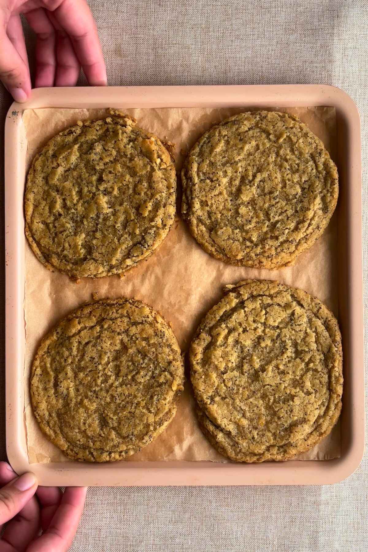 Four baked cookies cooling on a lined tray.