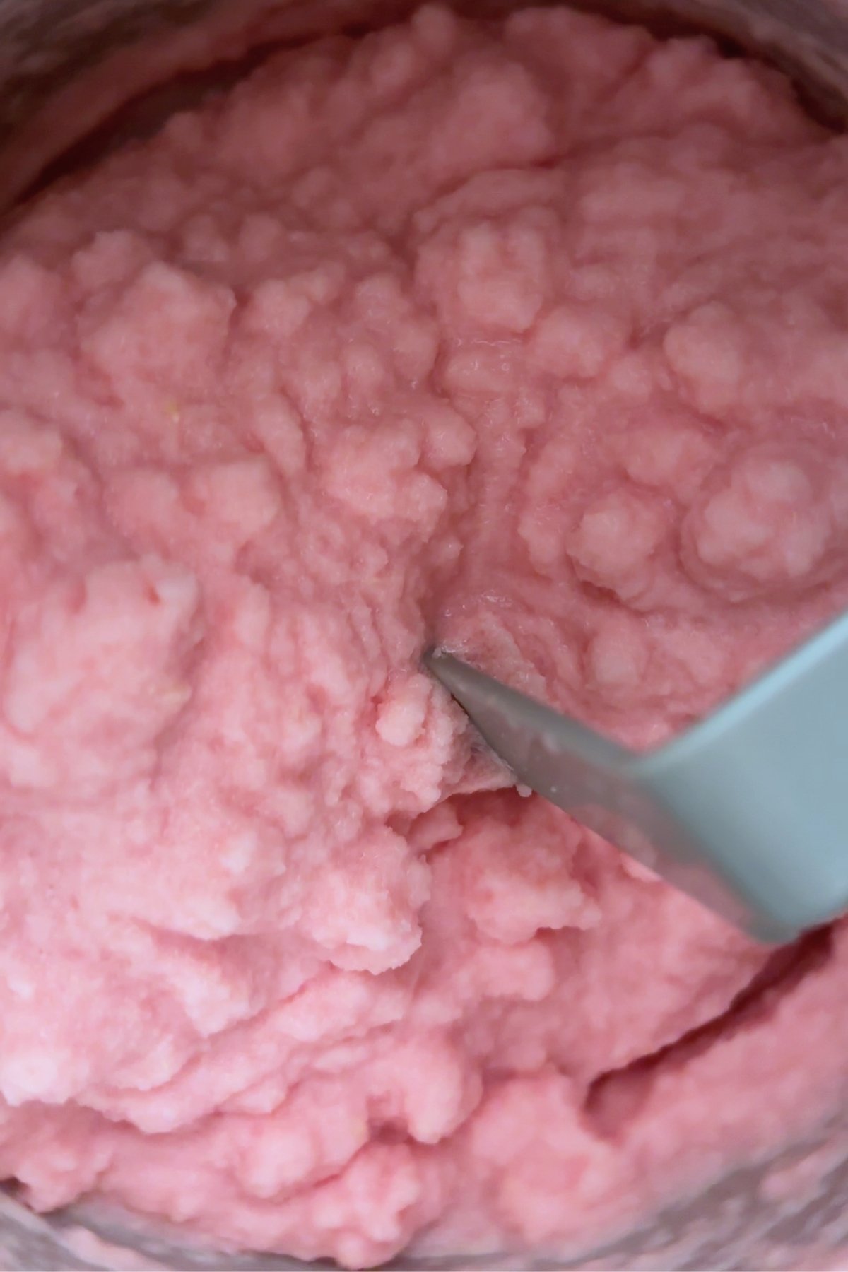 Thick blended sorbet mixture inside blender cup.