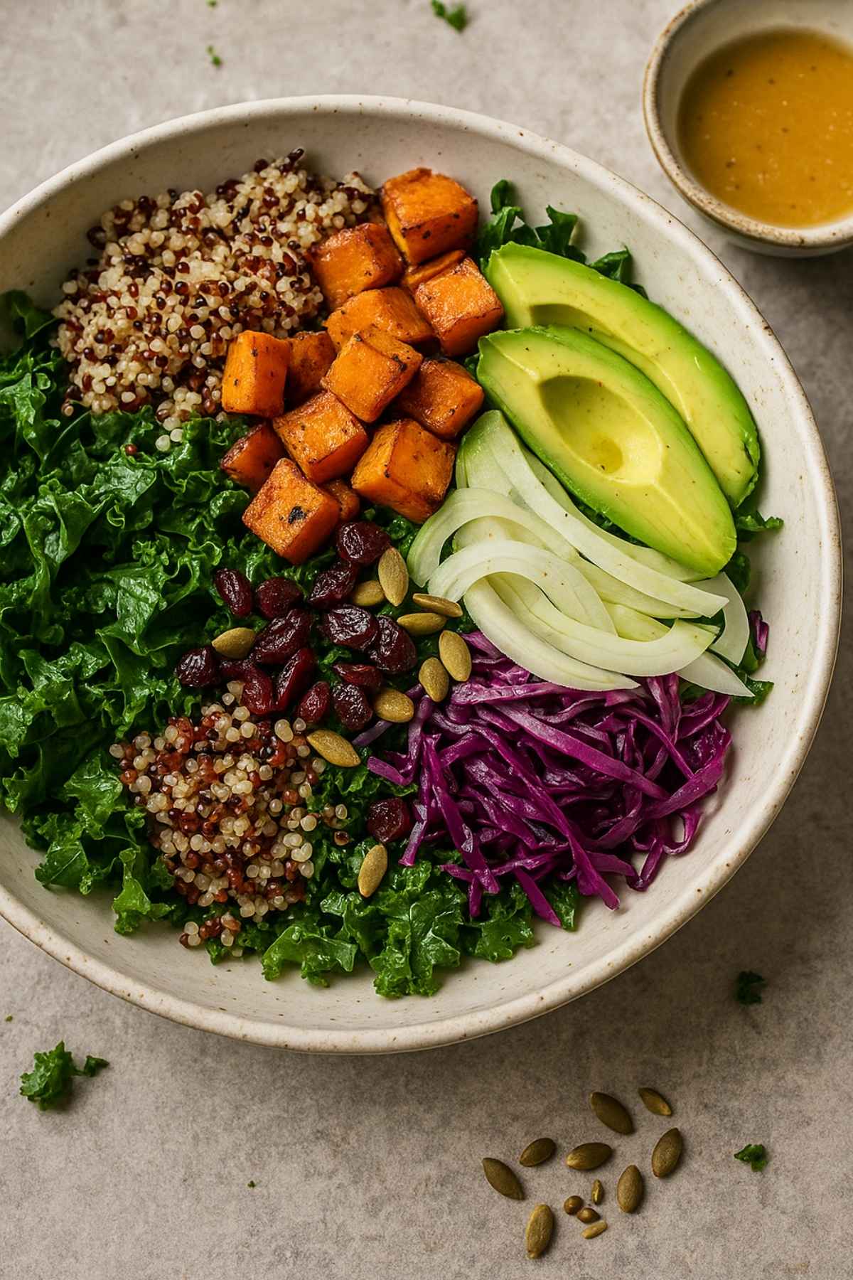 Roasted sweet potato, quinoa, avocado, kale, cabbage, onion, cranberries, and pumpkin seeds arranged in a bowl.