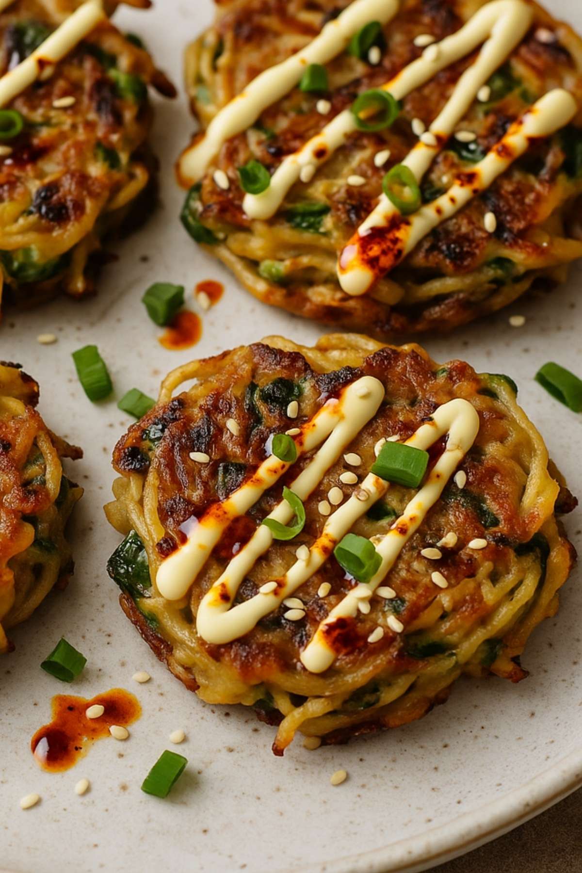 Crispy golden pancakes topped with mayo drizzle, chili oil, sesame seeds, and chopped green onions on a plate.