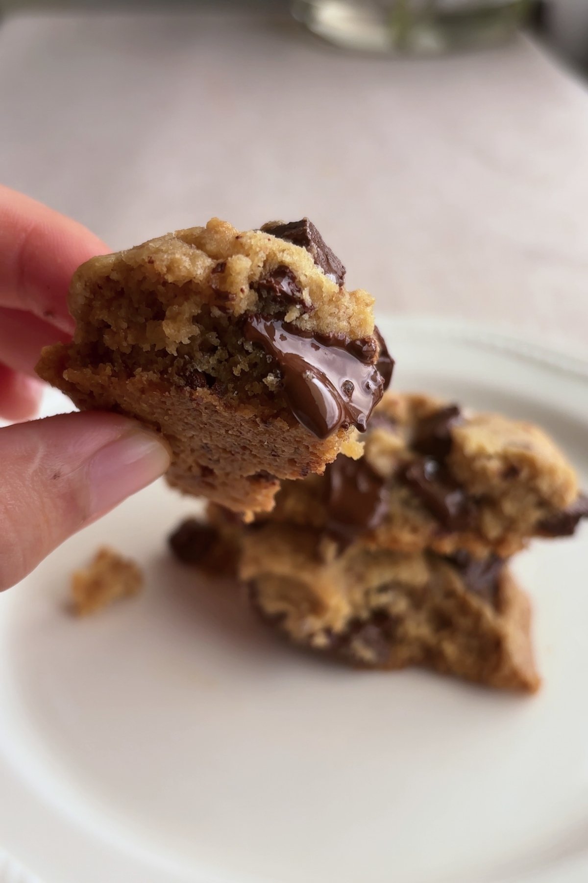 Warm cookie broken open showing gooey melted chocolate inside.