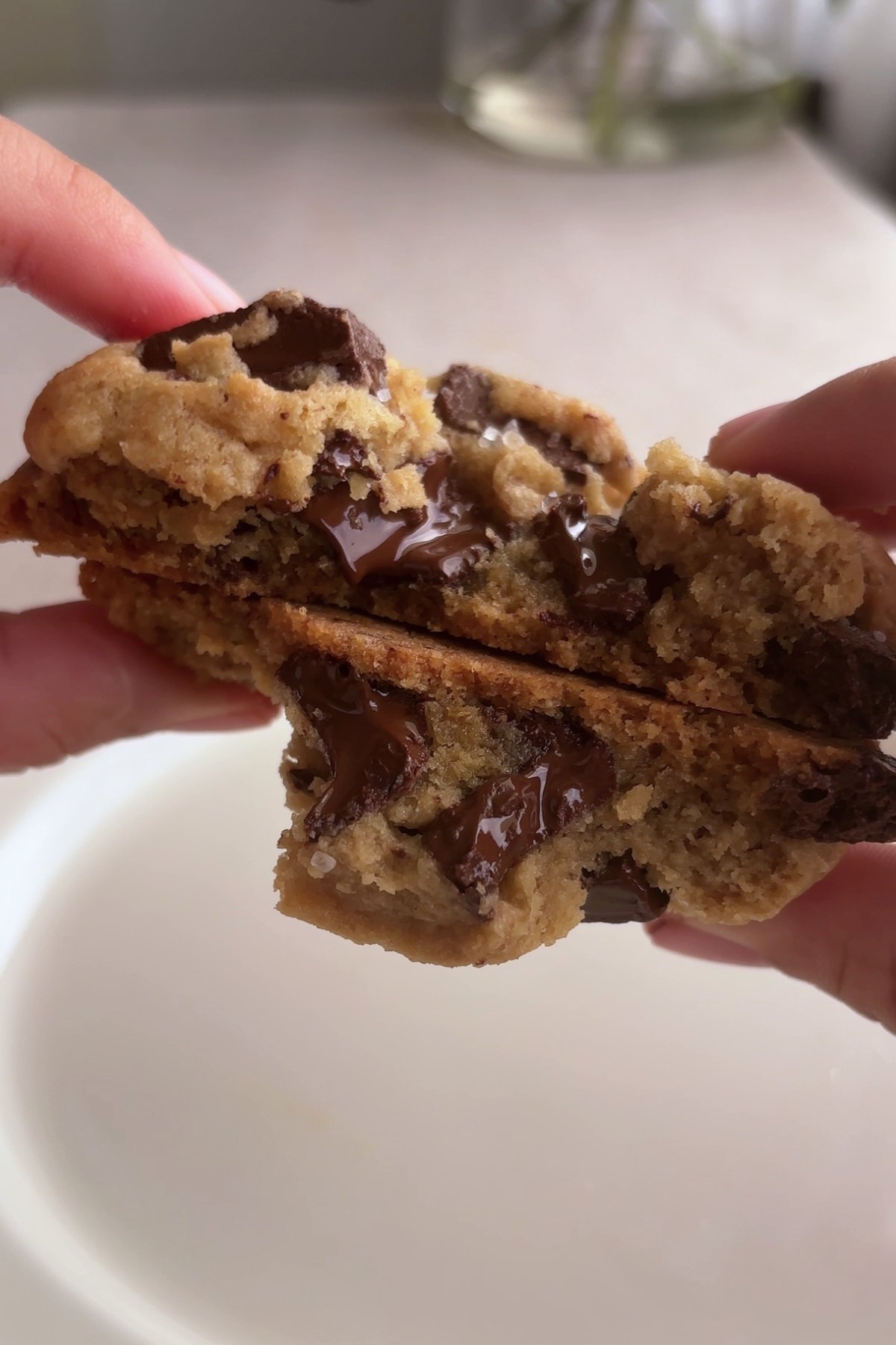 Hand holding a cookie piece with melted chocolate in the center.