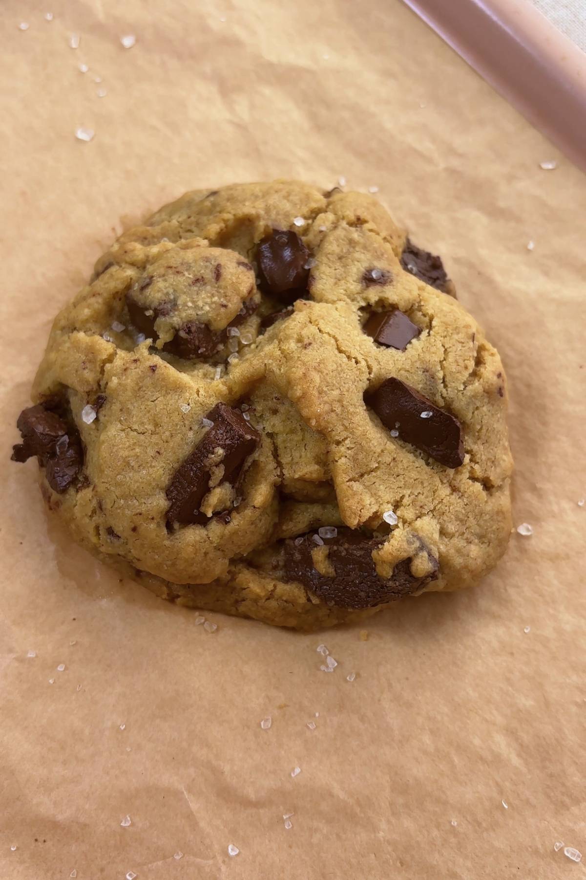 Freshly baked cookie topped with flaky sea salt and chocolate chunks.