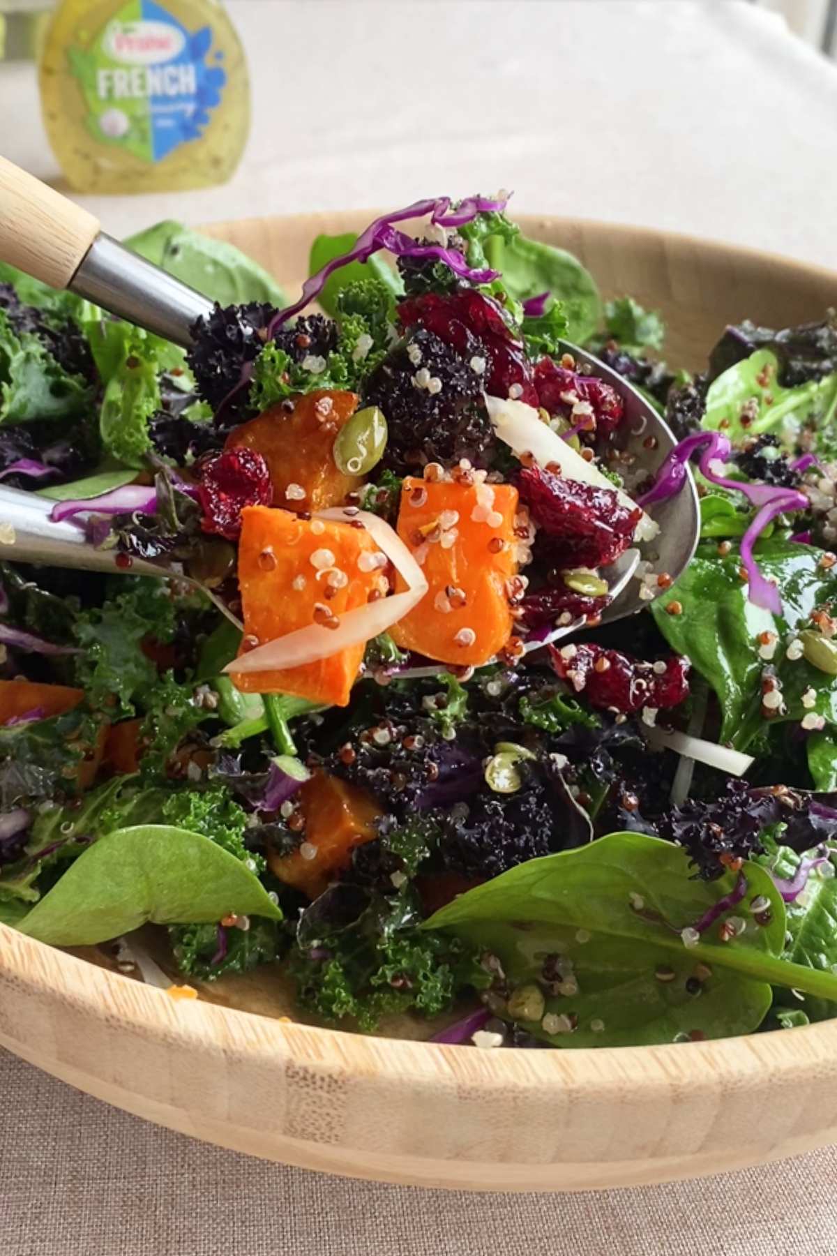 Close-up of salad scoop with kale, quinoa, sweet potato, and cranberries.