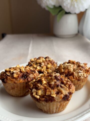 Close-up of muffins topped with oats and small apple pieces on a white plate.