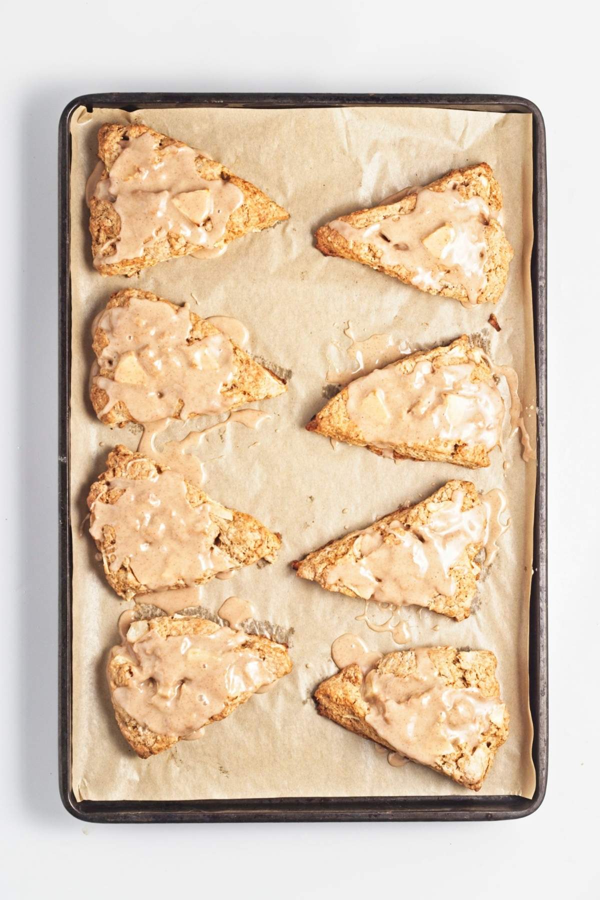 Scones with light brown glaze cooling on a parchment-lined baking tray.