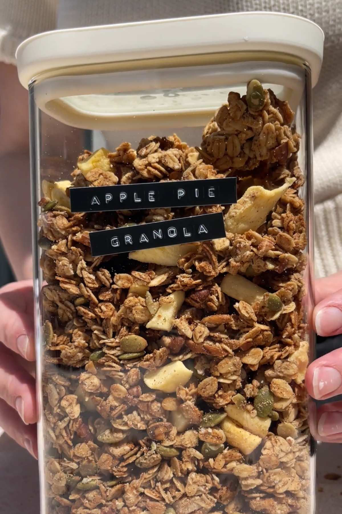 Hands holding a clear storage container packed with apple pie granola clusters and visible dried apple pieces.