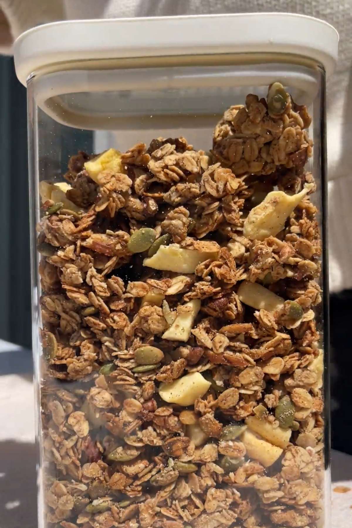 Close-up of apple pie granola clusters inside a clear container, with oats, seeds, nuts, and dried apple.