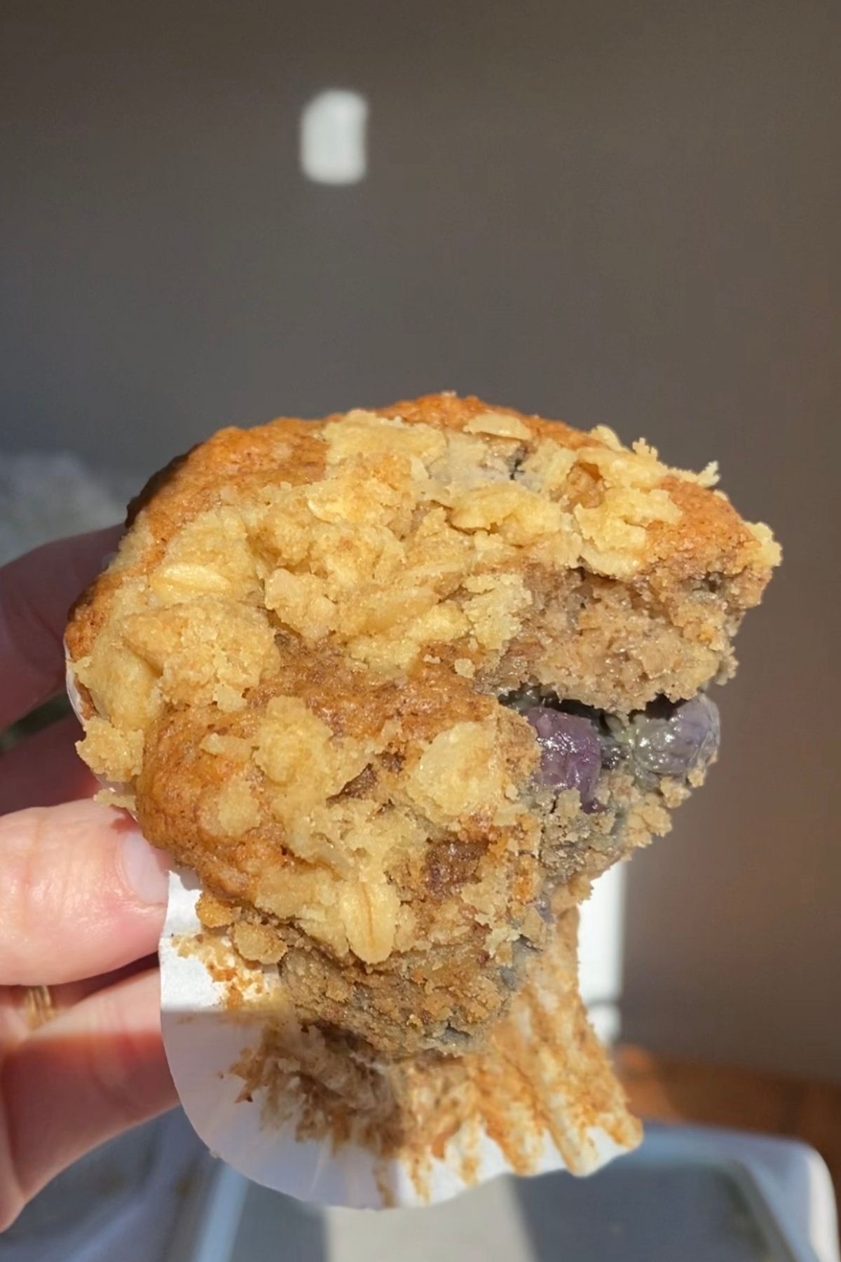 Overhead view of freshly baked blueberry breakfast muffins with oat streusel topping.