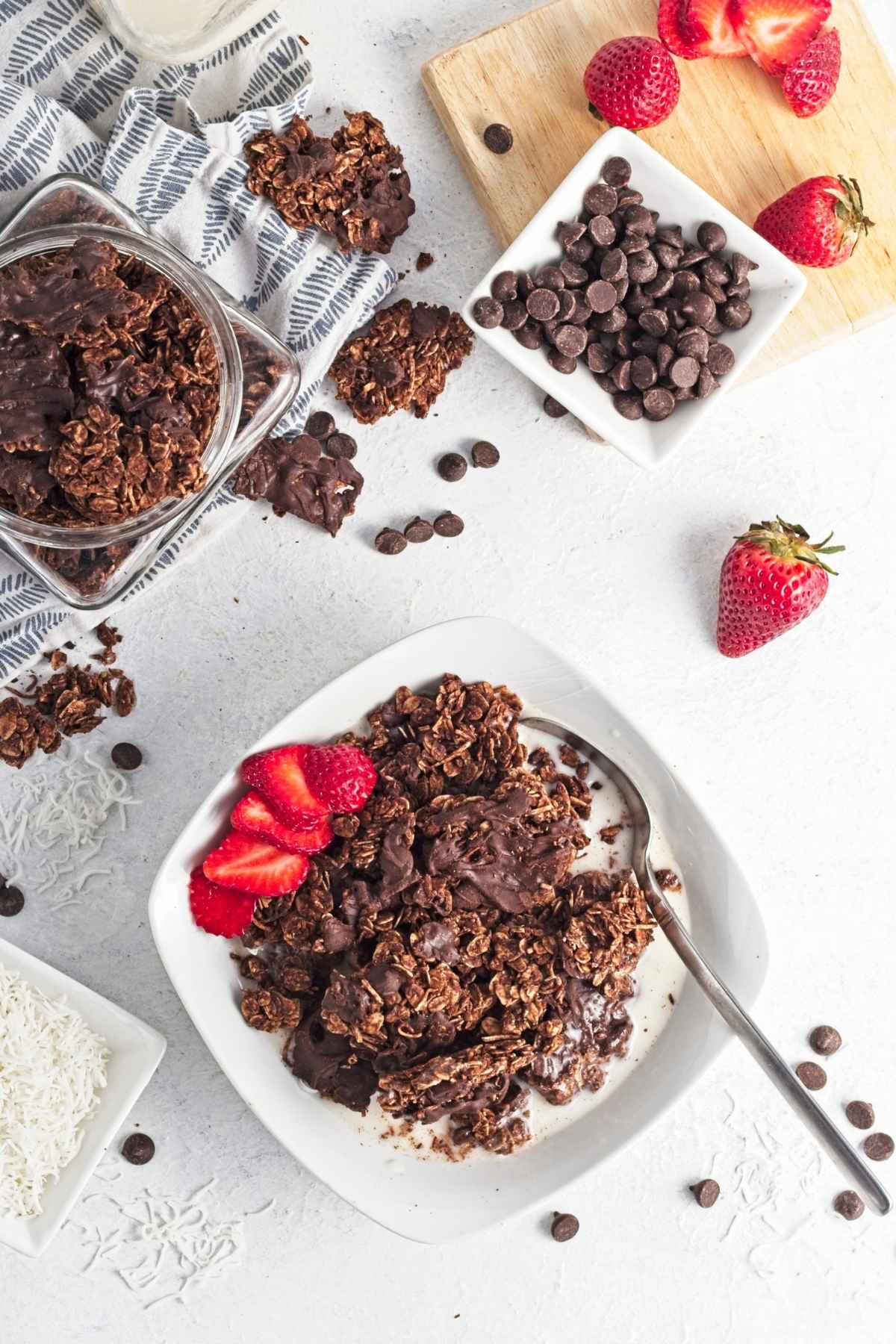 Overhead view of chocolate granola with milk, strawberries, chocolate chips, and coconut flakes.