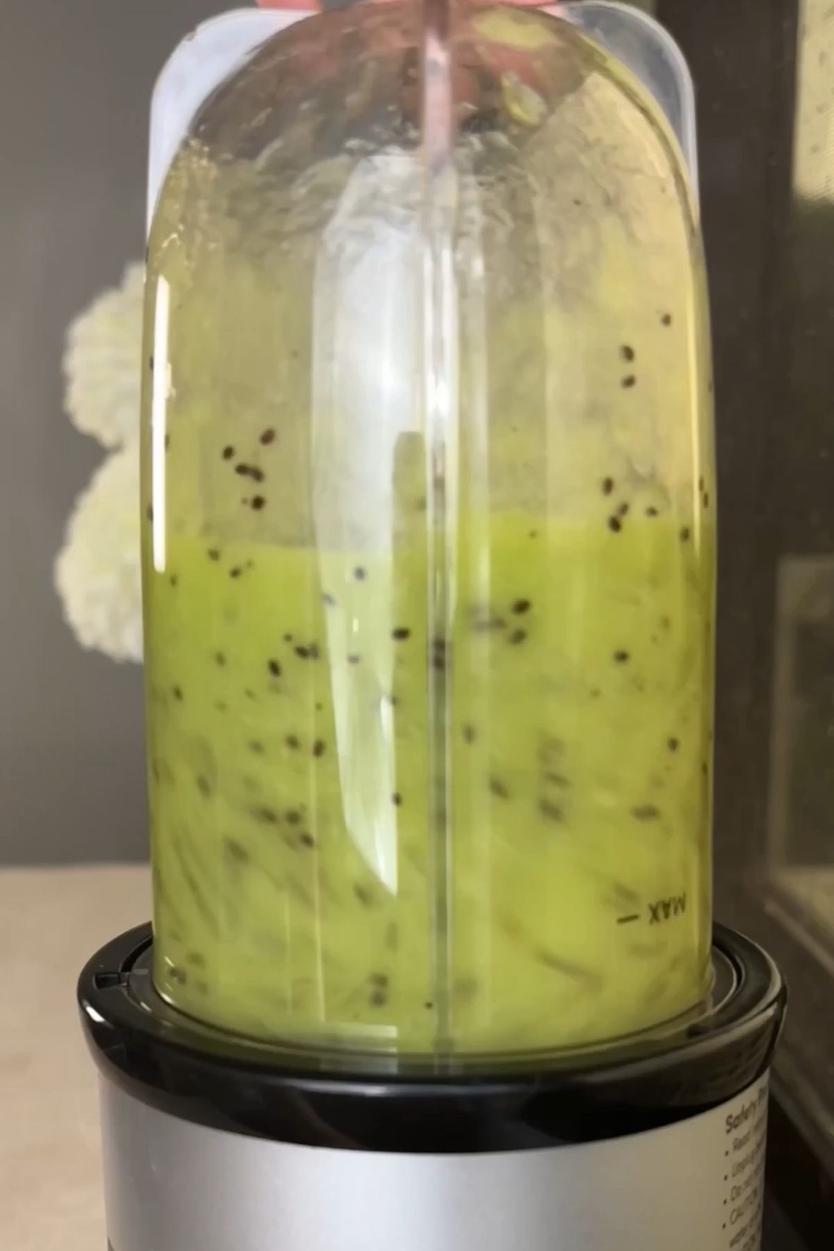 Blender cup filled with kiwi pieces before blending.