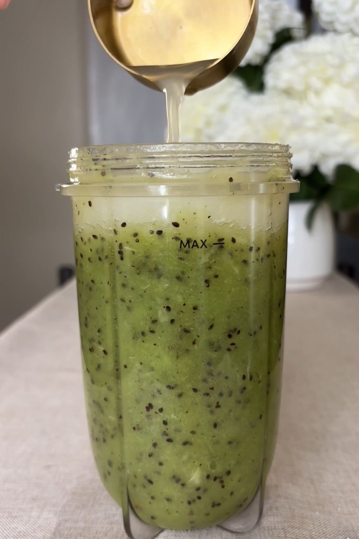 Kiwi mixture blended smooth inside a blender cup, pale green with visible seeds.