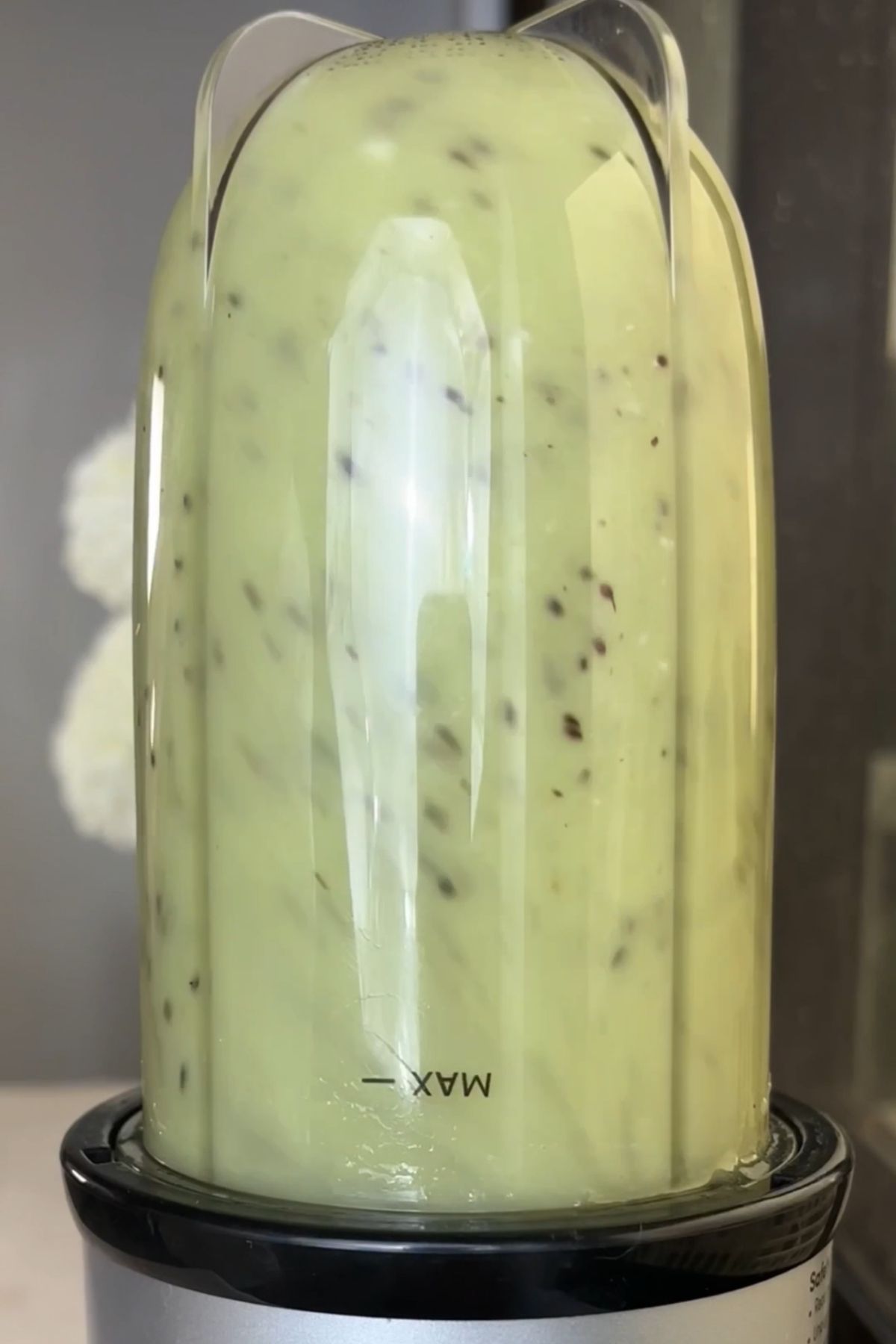 Blended kiwi mixture inside a blender cup with visible kiwi seeds.