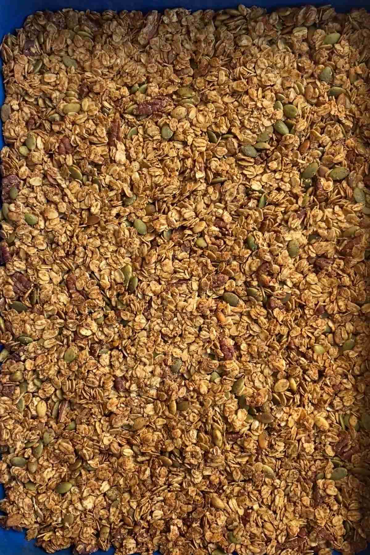 Golden baked granola with toasted oats and seeds on a baking tray.