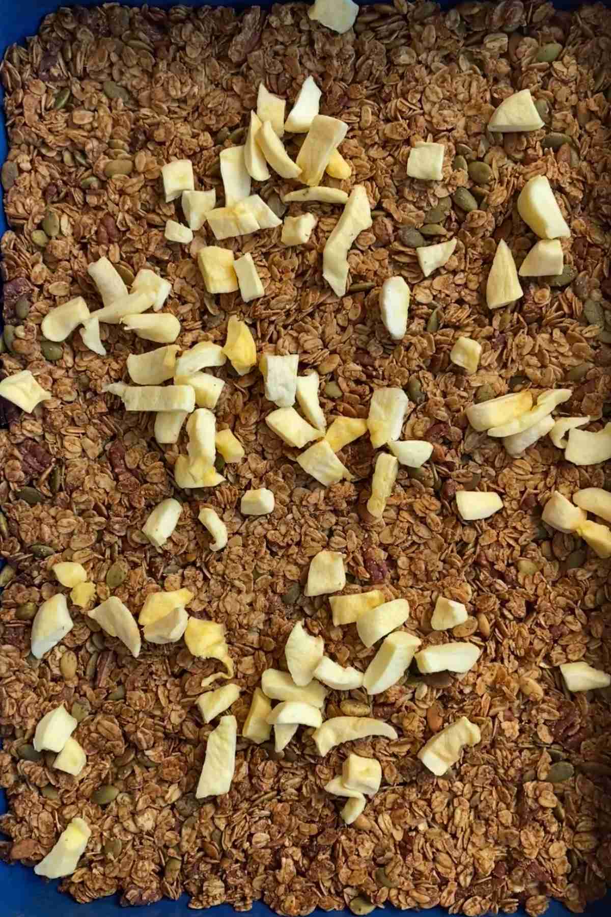 Dried apple pieces scattered over cooled baked granola on a tray.
