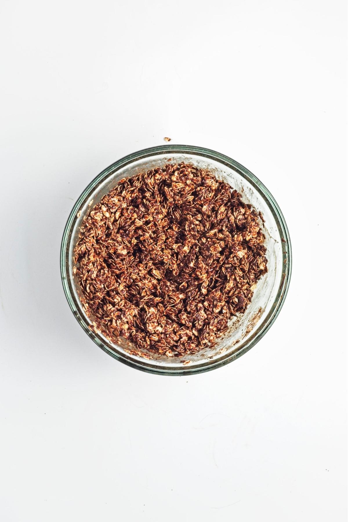Rolled oats and ground flax mixed into the chocolate mixture.
