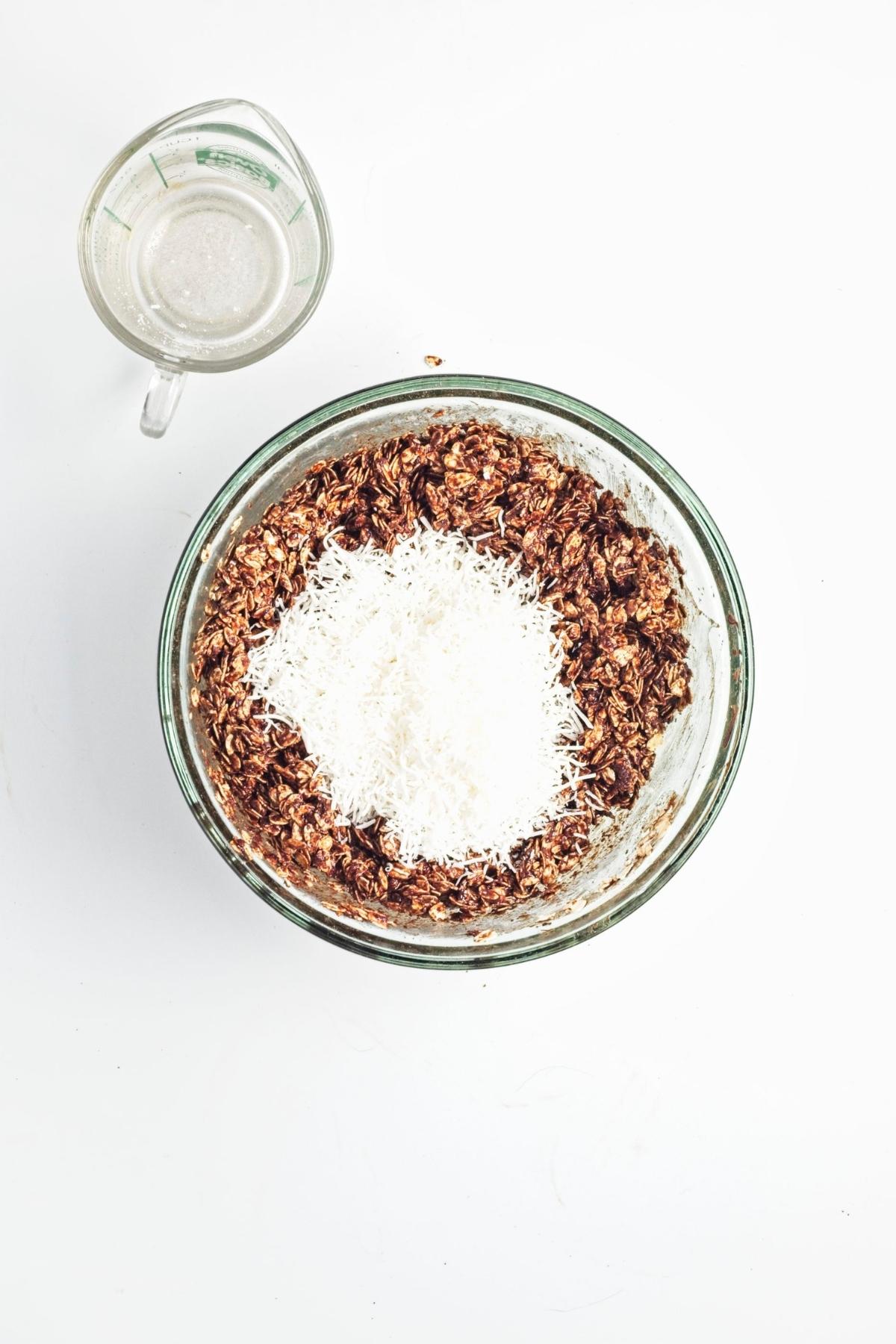 Shredded coconut folded through chocolate-coated oats.