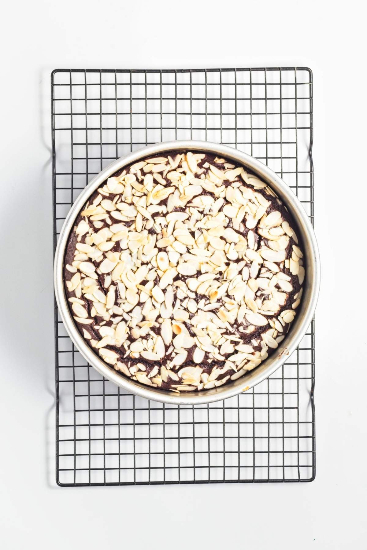 Chocolate cake topped with sliced almonds resting on a wire cooling rack.