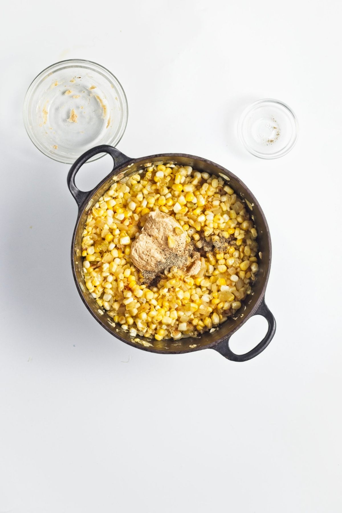 Miso paste and seasoning stirred into the corn and vegetable mixture.