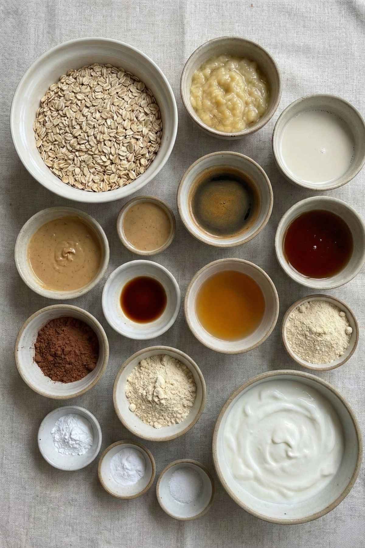 Assorted small bowls filled with baking ingredients arranged neatly on a flat surface.