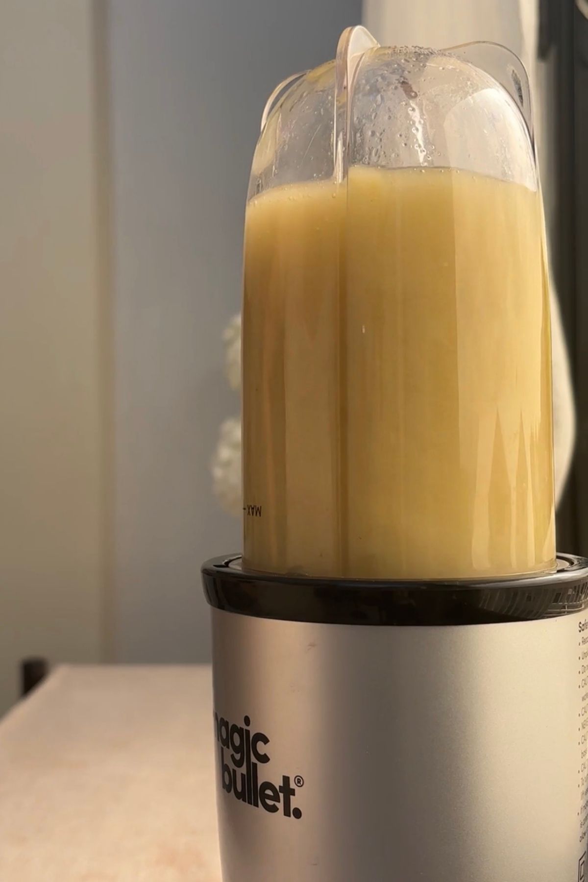 Cooked potato and onion mixture blended until smooth using a blender.