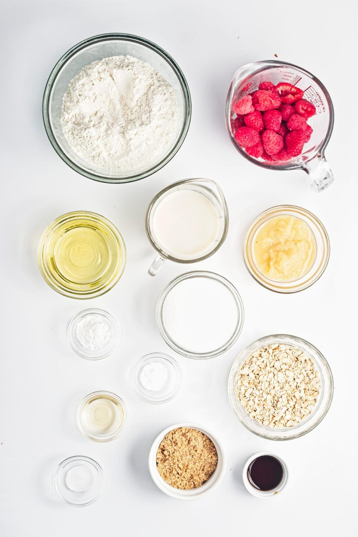Overhead shot of ingredients for Raspberry Oat Muffins