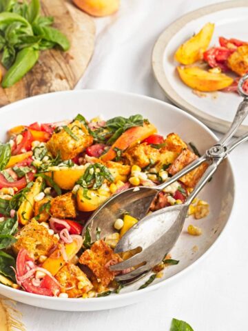 Side angle of peach and corn panzella salad showing roasted corn, tomatoes, peaches, and croutons.