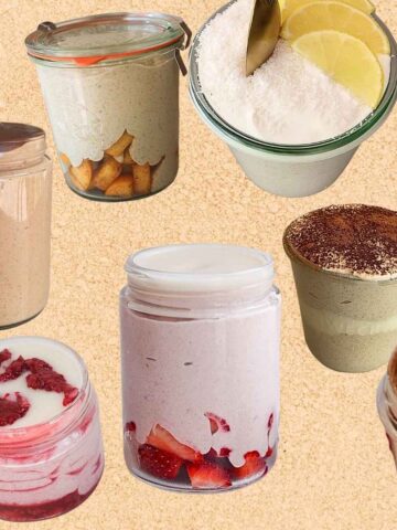 Collage of vegan blended oats jars with chocolate, matcha, lemon coconut, strawberry, tiramisu and caramel flavors in glass containers.