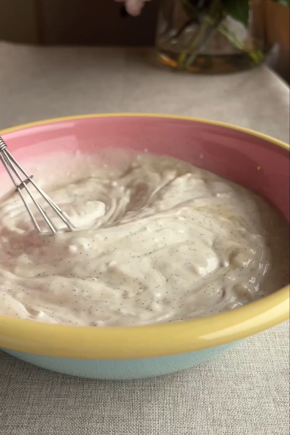 Coconut cream mixture whisked smooth in bowl