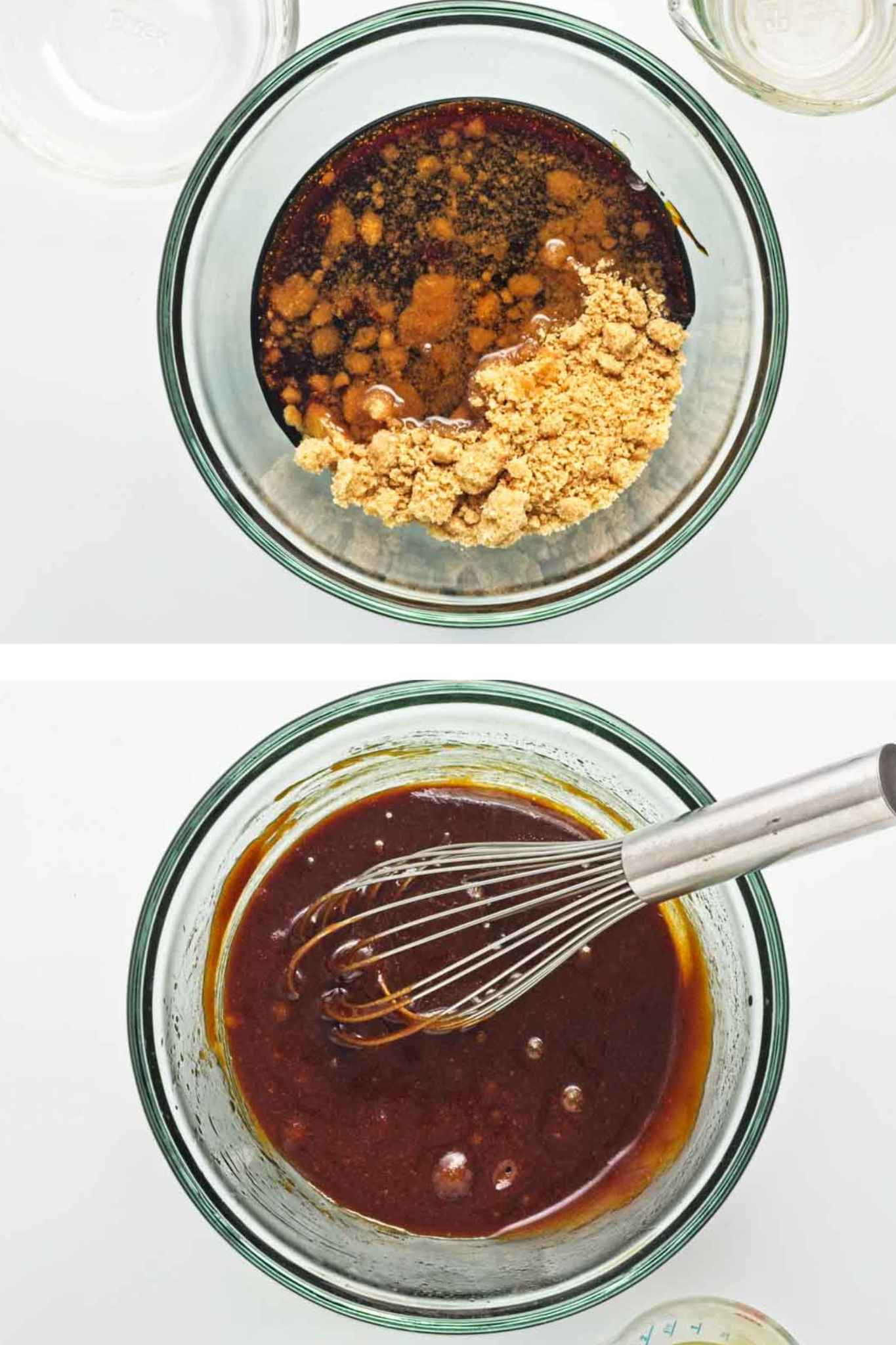 Molasses mixture and brown sugar in a glass mixing bowl.
